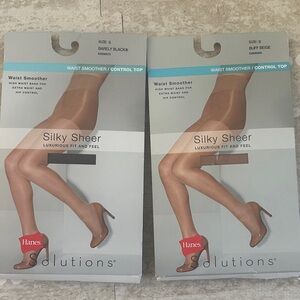 2 Pairs - NWT Hanes Silky Sheer Pantyhose w/ Control Top, Black & Nude, Sz Small